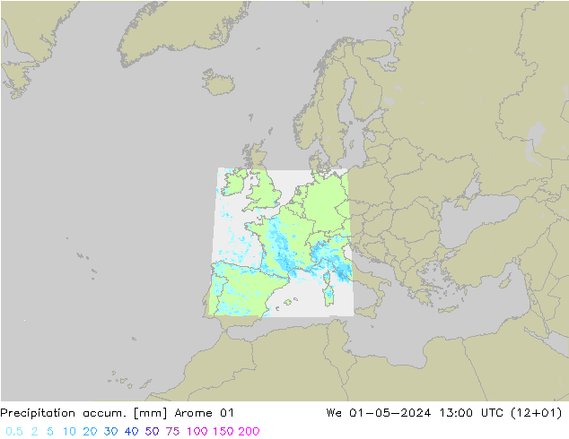 Precipitation accum. Arome 01 We 01.05.2024 13 UTC