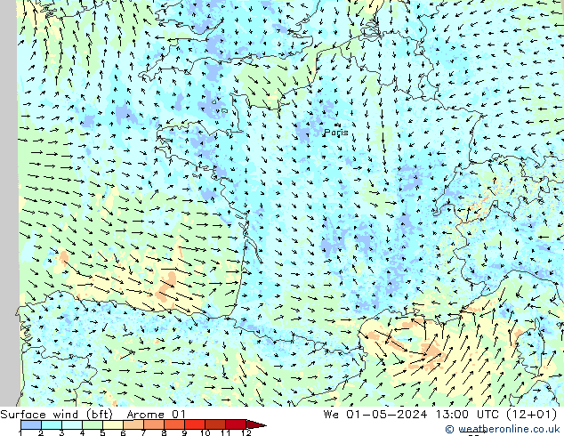 Surface wind (bft) Arome 01 We 01.05.2024 13 UTC