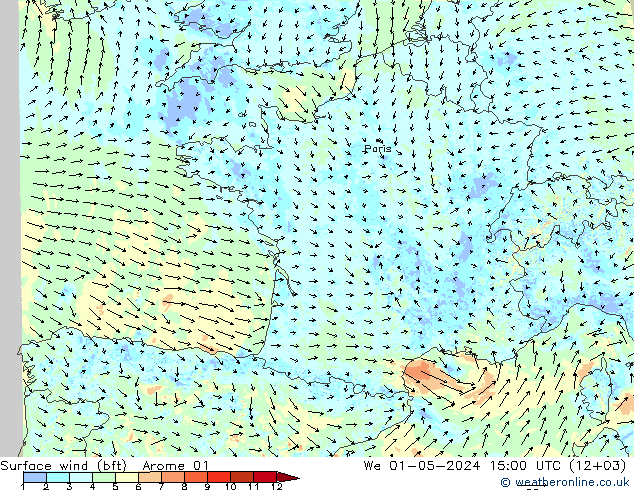 Surface wind (bft) Arome 01 We 01.05.2024 15 UTC