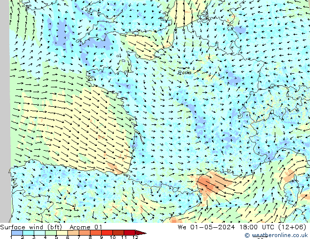 Surface wind (bft) Arome 01 We 01.05.2024 18 UTC