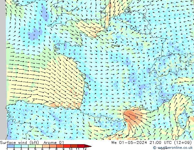 Bodenwind (bft) Arome 01 Mi 01.05.2024 21 UTC