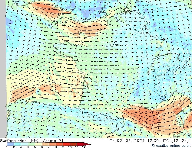 Viento 10 m (bft) Arome 01 jue 02.05.2024 12 UTC