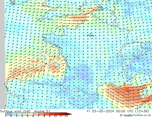 Wind 10 m (bft) Arome 01 vr 03.05.2024 00 UTC