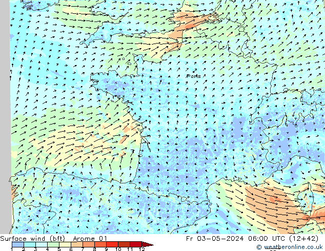 Rüzgar 10 m (bft) Arome 01 Cu 03.05.2024 06 UTC