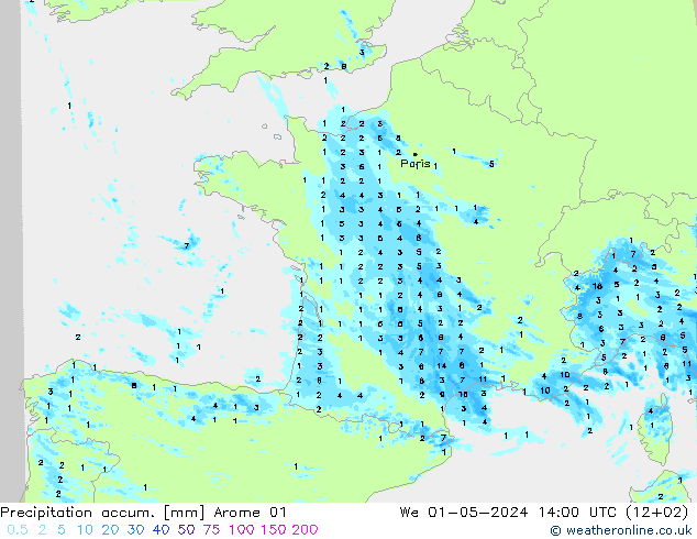 Nied. akkumuliert Arome 01 Mi 01.05.2024 14 UTC