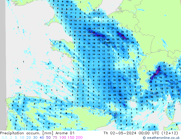 Precipitation accum. Arome 01  02.05.2024 00 UTC