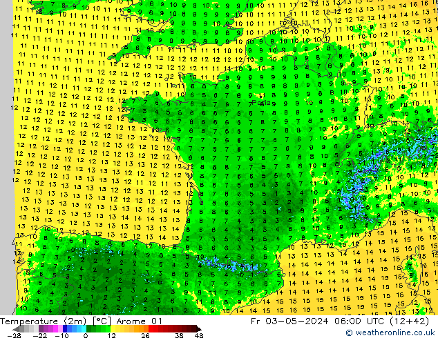 карта температуры Arome 01 пт 03.05.2024 06 UTC