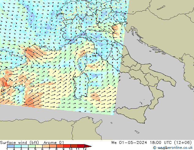 Surface wind (bft) Arome 01 We 01.05.2024 18 UTC