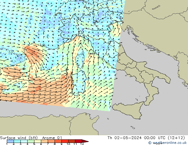 Vento 10 m (bft) Arome 01 gio 02.05.2024 00 UTC