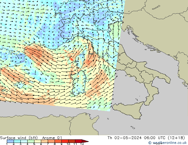 Vento 10 m (bft) Arome 01 Qui 02.05.2024 06 UTC