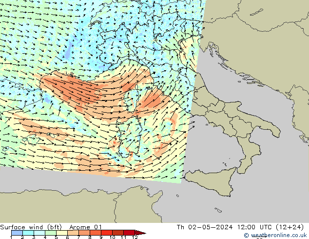 Surface wind (bft) Arome 01 Čt 02.05.2024 12 UTC