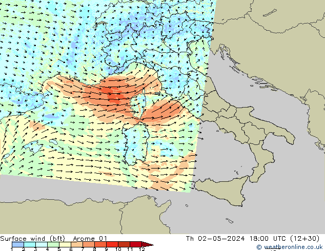 Surface wind (bft) Arome 01 Th 02.05.2024 18 UTC