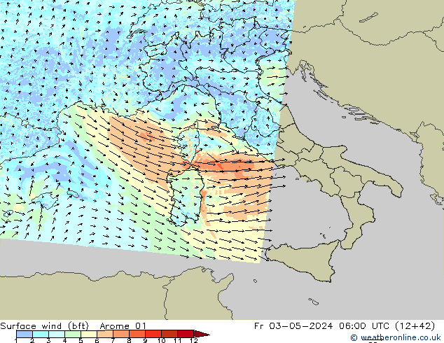 Wind 10 m (bft) Arome 01 vr 03.05.2024 06 UTC