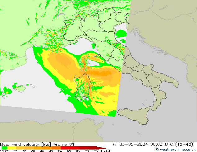 Max. wind velocity Arome 01  03.05.2024 06 UTC