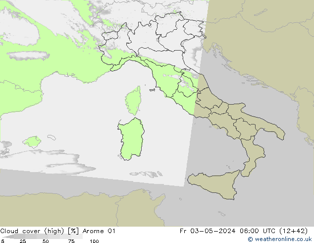 Cloud cover (high) Arome 01 Fr 03.05.2024 06 UTC