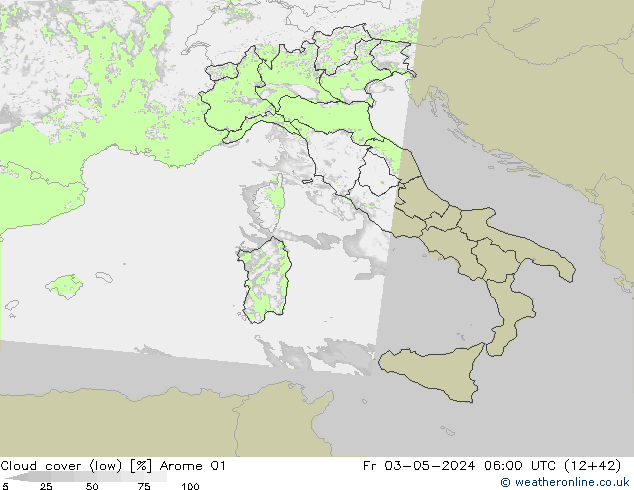 Cloud cover (low) Arome 01 Fr 03.05.2024 06 UTC