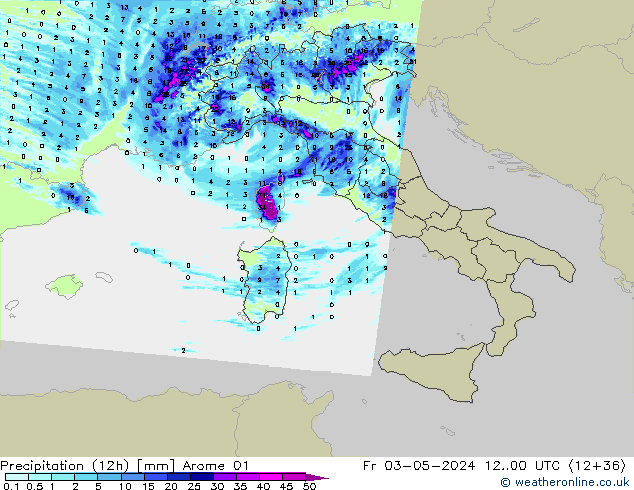 Précipitation (12h) Arome 01 ven 03.05.2024 00 UTC