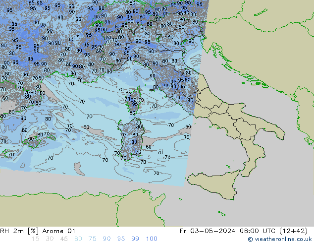 Humedad rel. 2m Arome 01 vie 03.05.2024 06 UTC