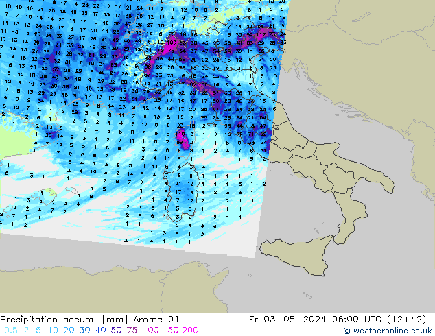 Precipitation accum. Arome 01 Fr 03.05.2024 06 UTC