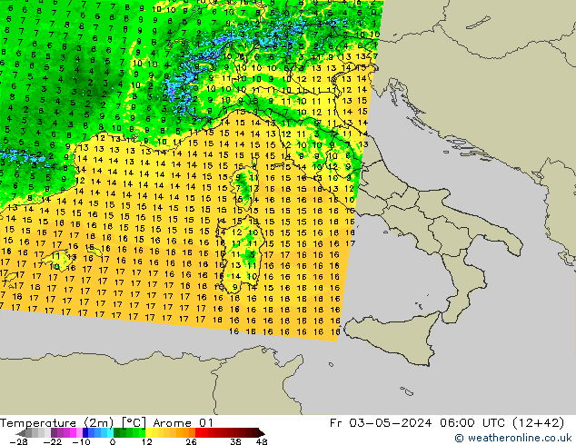 Temperatura (2m) Arome 01 Sex 03.05.2024 06 UTC