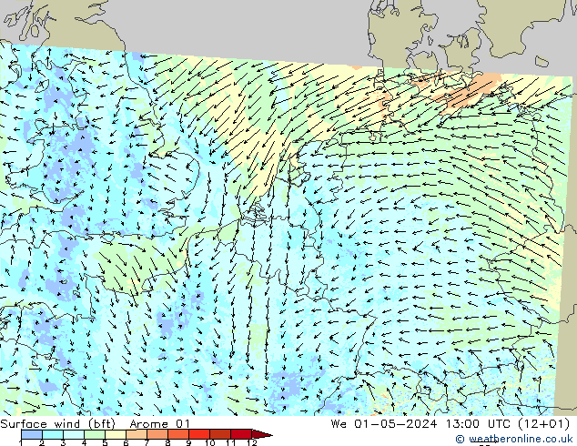 Surface wind (bft) Arome 01 We 01.05.2024 13 UTC