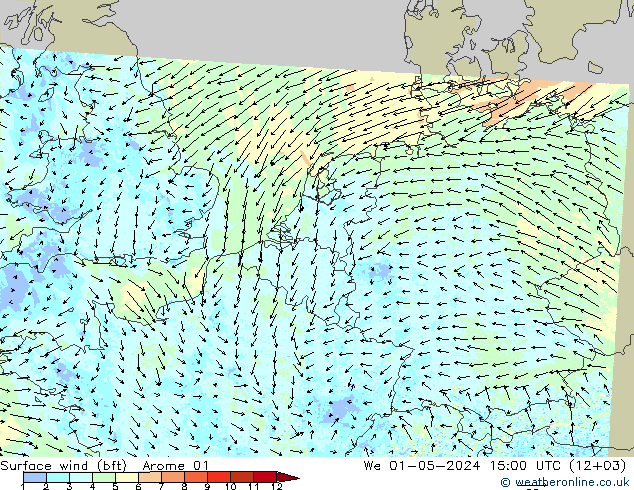 wiatr 10 m (bft) Arome 01 śro. 01.05.2024 15 UTC