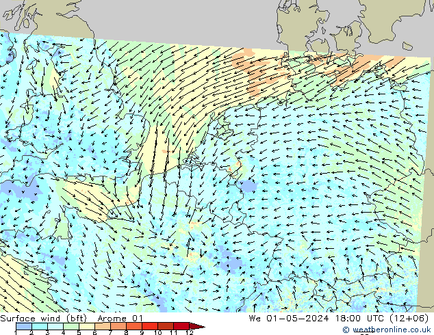 Surface wind (bft) Arome 01 We 01.05.2024 18 UTC