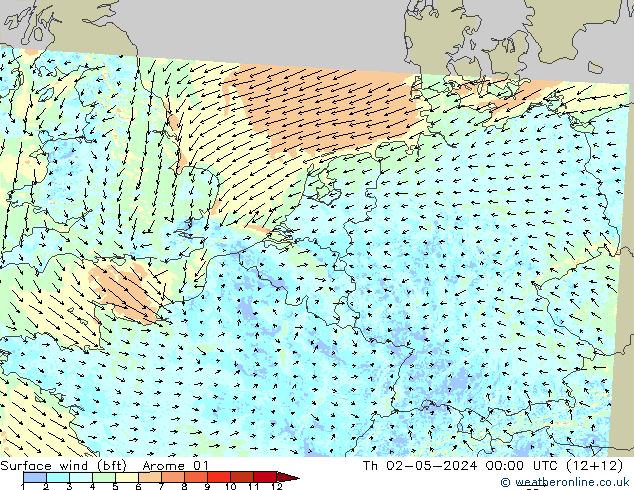 Wind 10 m (bft) Arome 01 do 02.05.2024 00 UTC