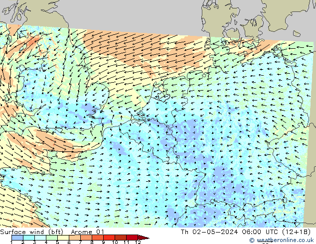 Surface wind (bft) Arome 01 Th 02.05.2024 06 UTC