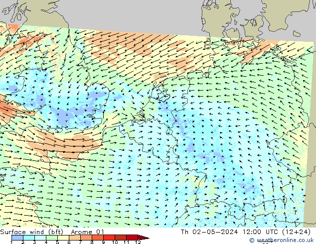 Surface wind (bft) Arome 01 Čt 02.05.2024 12 UTC