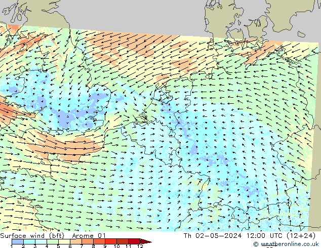 Viento 10 m (bft) Arome 01 jue 02.05.2024 12 UTC