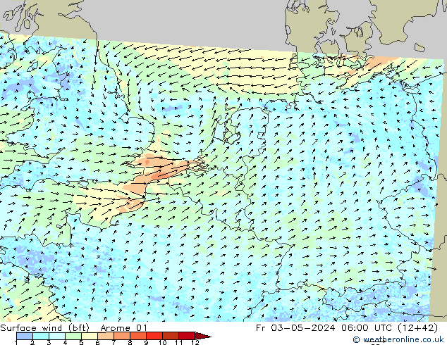 Wind 10 m (bft) Arome 01 vr 03.05.2024 06 UTC