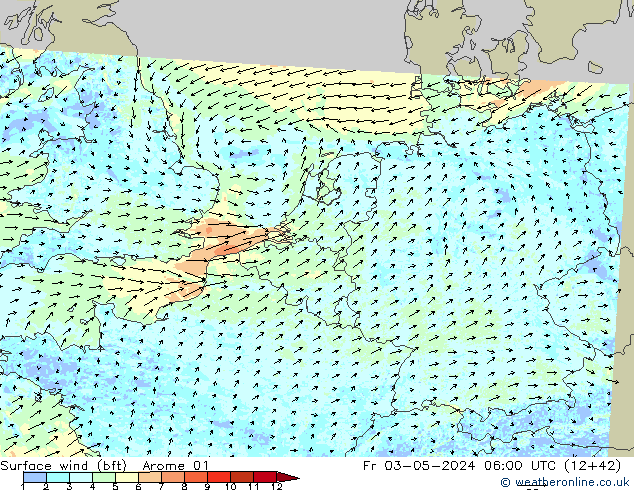 Viento 10 m (bft) Arome 01 vie 03.05.2024 06 UTC