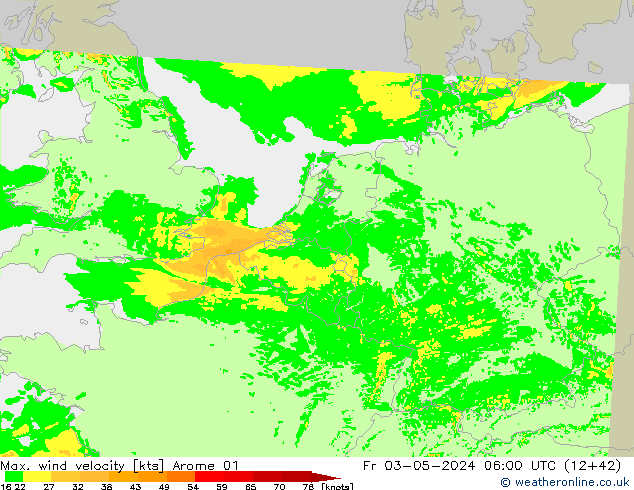 Max. wind velocity Arome 01 vie 03.05.2024 06 UTC