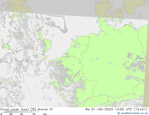 Cloud cover (low) Arome 01 We 01.05.2024 13 UTC