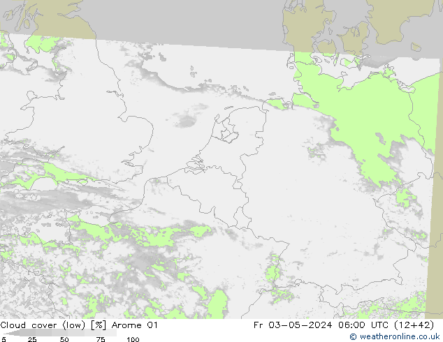 Cloud cover (low) Arome 01 Fr 03.05.2024 06 UTC