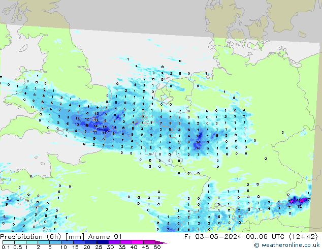 Precipitation (6h) Arome 01 Pá 03.05.2024 06 UTC