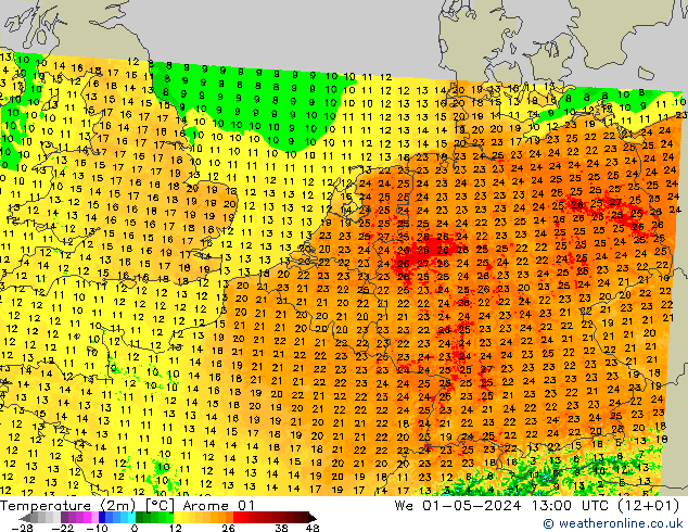 Temperaturkarte (2m) Arome 01 Mi 01.05.2024 13 UTC