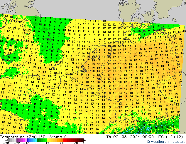 Temperaturkarte (2m) Arome 01 Do 02.05.2024 00 UTC