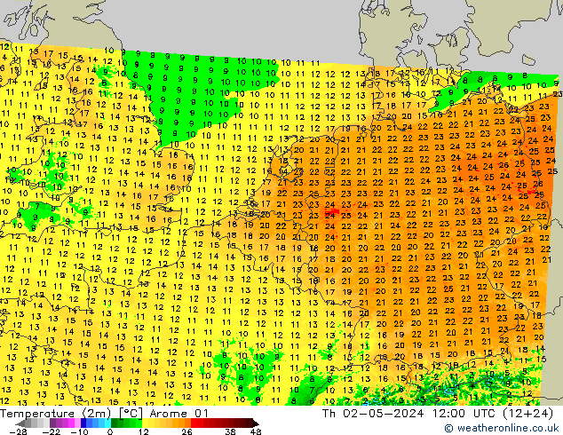 mapa temperatury (2m) Arome 01 czw. 02.05.2024 12 UTC