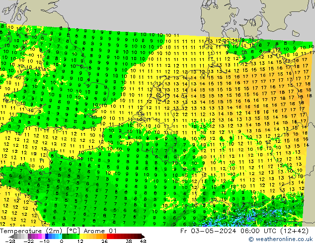 Temperaturkarte (2m) Arome 01 Fr 03.05.2024 06 UTC