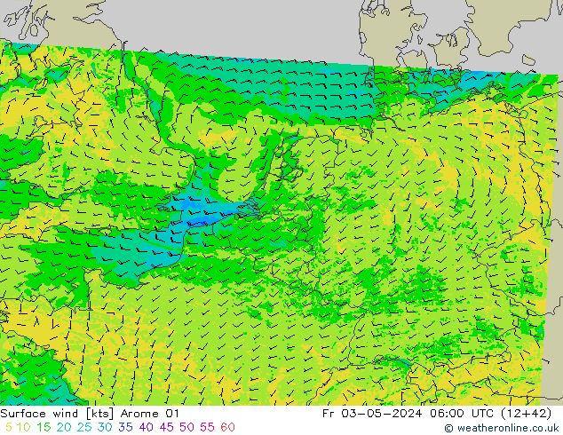 Surface wind Arome 01 Pá 03.05.2024 06 UTC