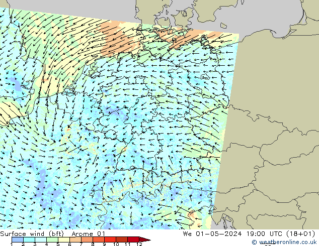 Surface wind (bft) Arome 01 We 01.05.2024 19 UTC