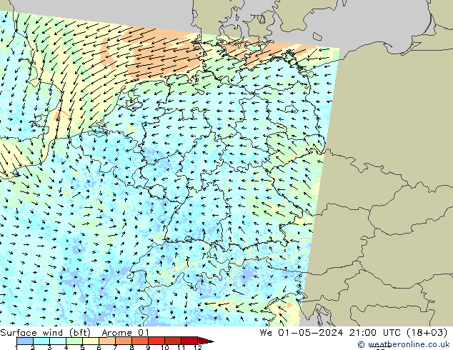 wiatr 10 m (bft) Arome 01 śro. 01.05.2024 21 UTC