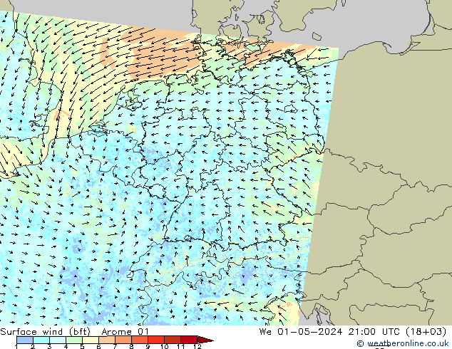 Viento 10 m (bft) Arome 01 mié 01.05.2024 21 UTC