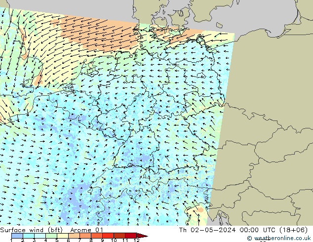 �N 10 米 (bft) Arome 01 星期四 02.05.2024 00 UTC