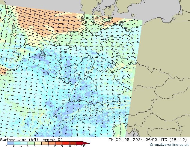 Vento 10 m (bft) Arome 01 gio 02.05.2024 06 UTC