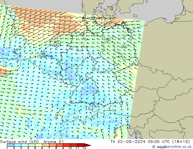 Surface wind (bft) Arome 01 Čt 02.05.2024 09 UTC