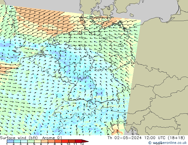 Surface wind (bft) Arome 01 Th 02.05.2024 12 UTC