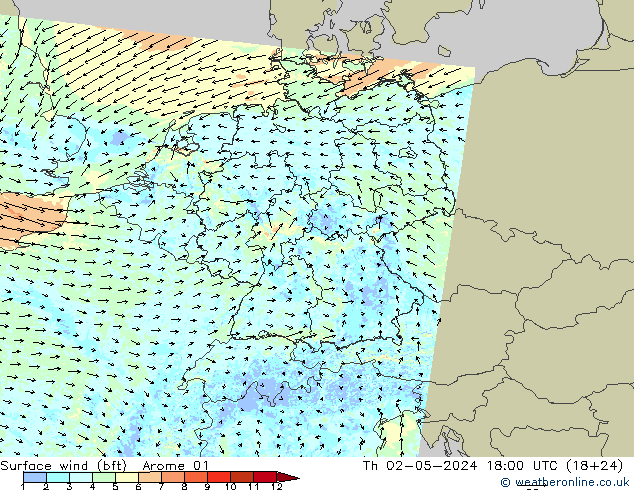 Viento 10 m (bft) Arome 01 jue 02.05.2024 18 UTC